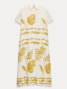 Zara ZW Collection Linen Blend Shirtdress Ecru/Yellow